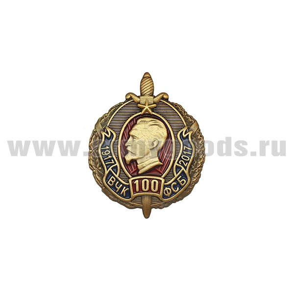 Значок мет. 100 лет ВЧК-ФСБ 1917-2017 (овал с мечом в венке с портретом Дзержинского)