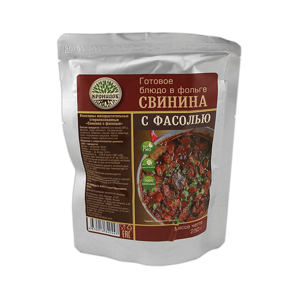 Консервы обеденные Свинина с фасолью (250 г) (готовое блюдо в фольге)