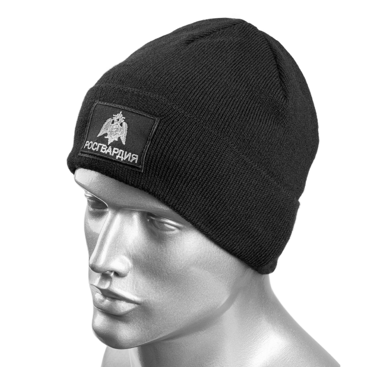 Шапка вязаная п/ш с флисовой подкладкой черная с вышит. шевроном Росгвардия (орел РГ)