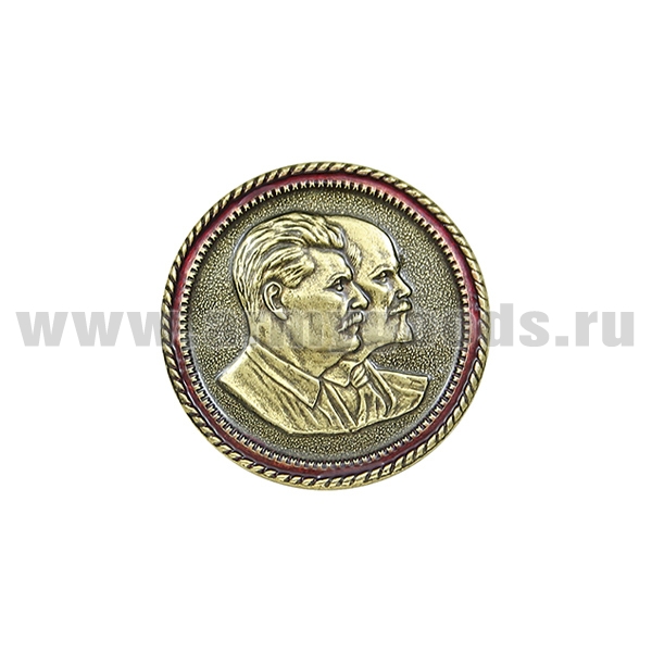Значок мет. Ленин и Сталин (круглый, с орнаментом, на пимсе)