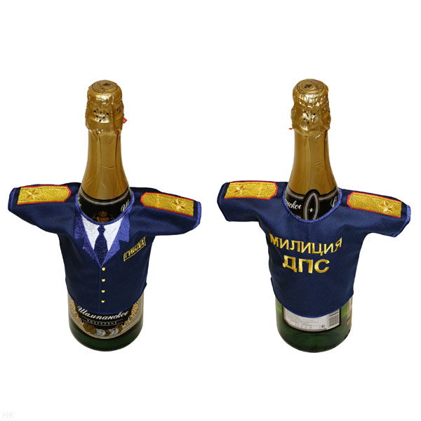 Рубашечка на бутылку сувенирная вышитая Милиция ДПС ГИБДД (синяя) на погонах - генеральские звезды