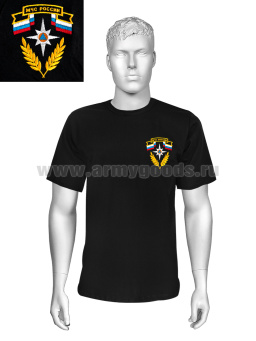 Футболка с вышивкой на груди МЧС России (эмблема с флагом) черн.
