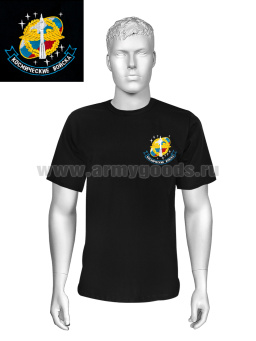 Футболка с вышивкой на груди Космические войска (ракета на триколоре РФ) черн. НОВ-481